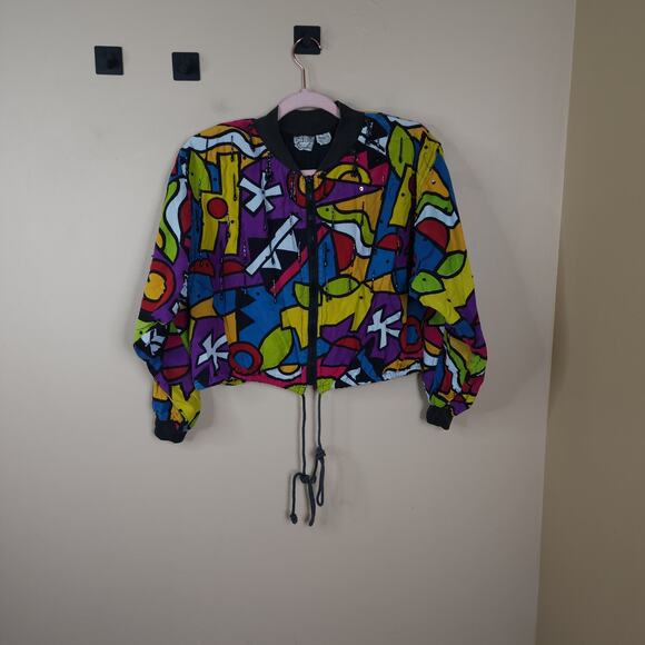 Vintage Speed Limit MPH Womens Abstract Mosaic Print Colors Bomber Jacket Size M - Picture 1 of 13